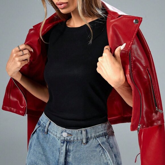 Red lace up details faux leather biker jacket - Picture 7 of 7